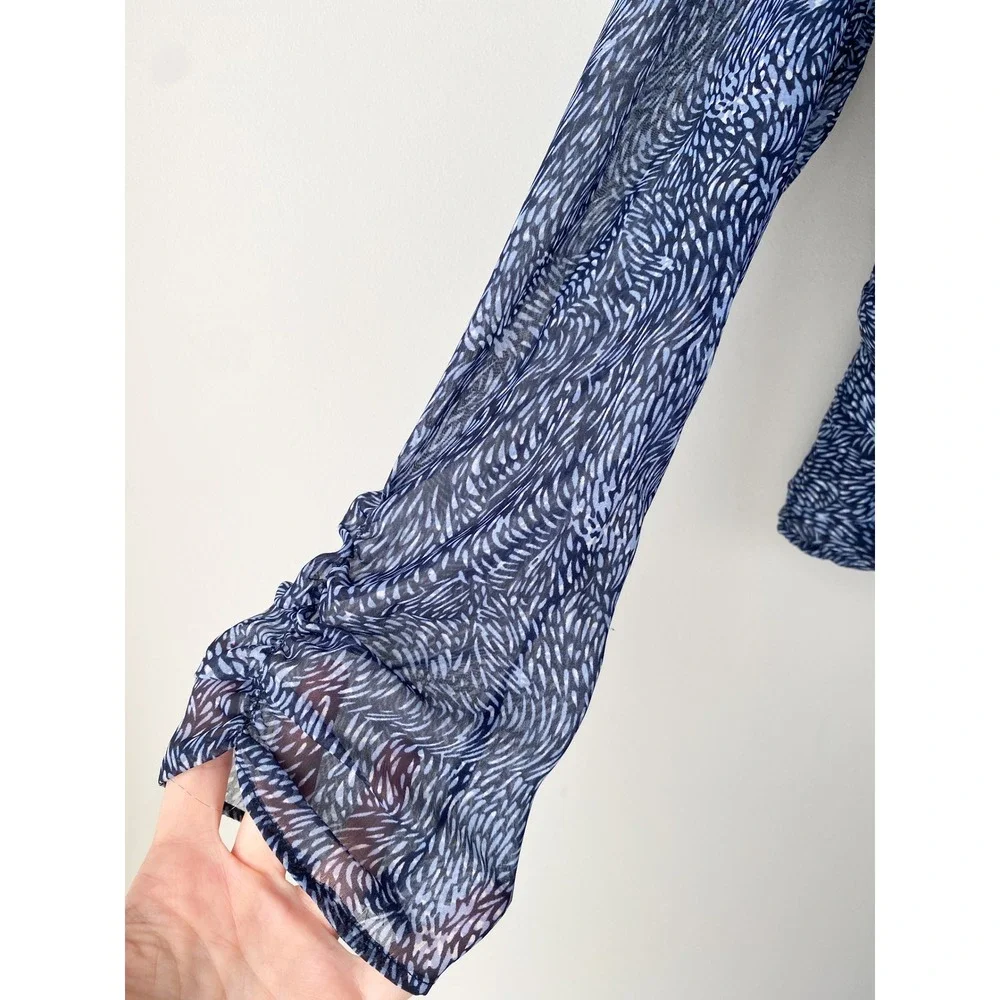 Anthropologie Ranna Gill Mylene Ruched Blouse L Navy Sheer Feminine Square Neck‎